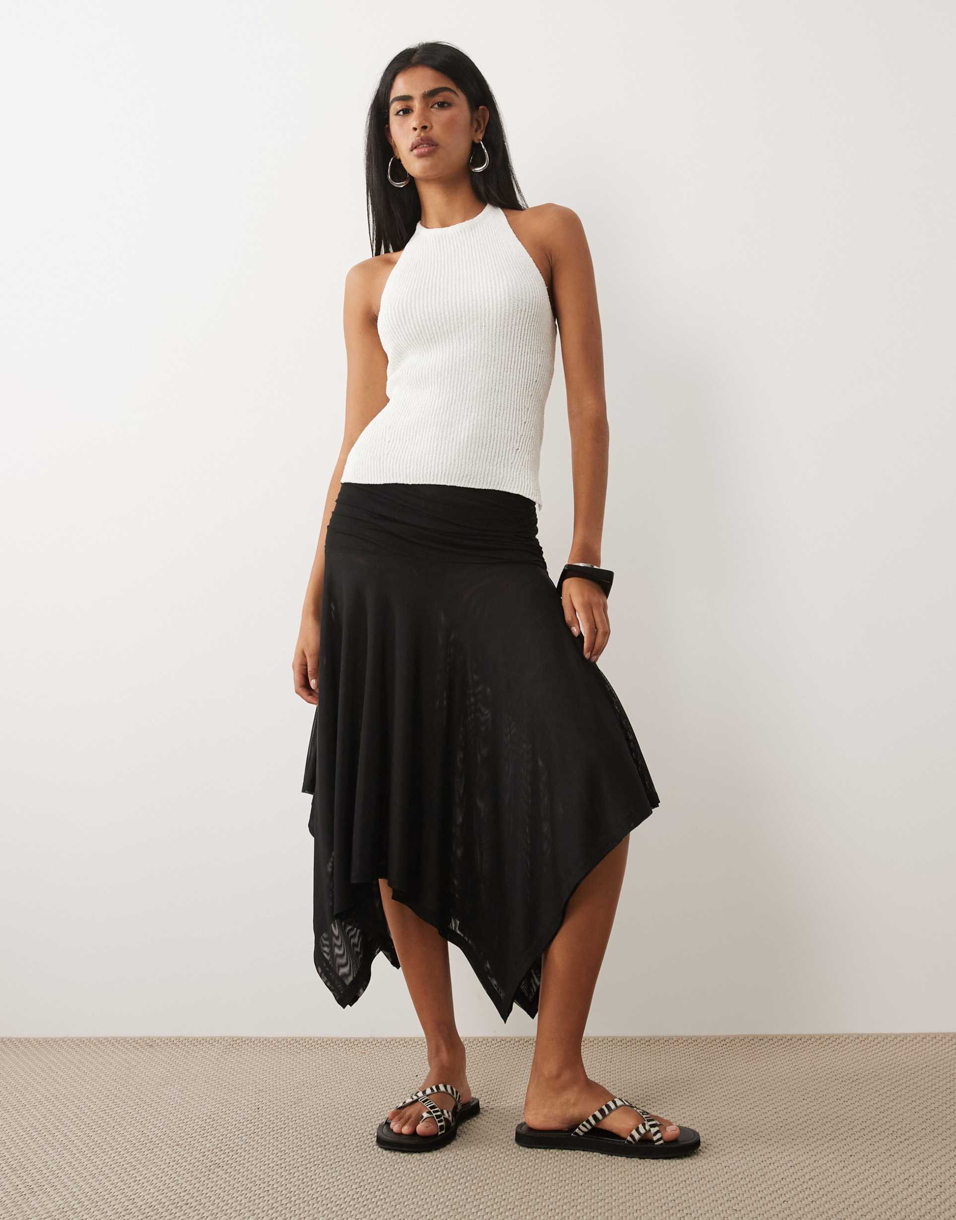asos design sheer mesh hanky hem skirt in black