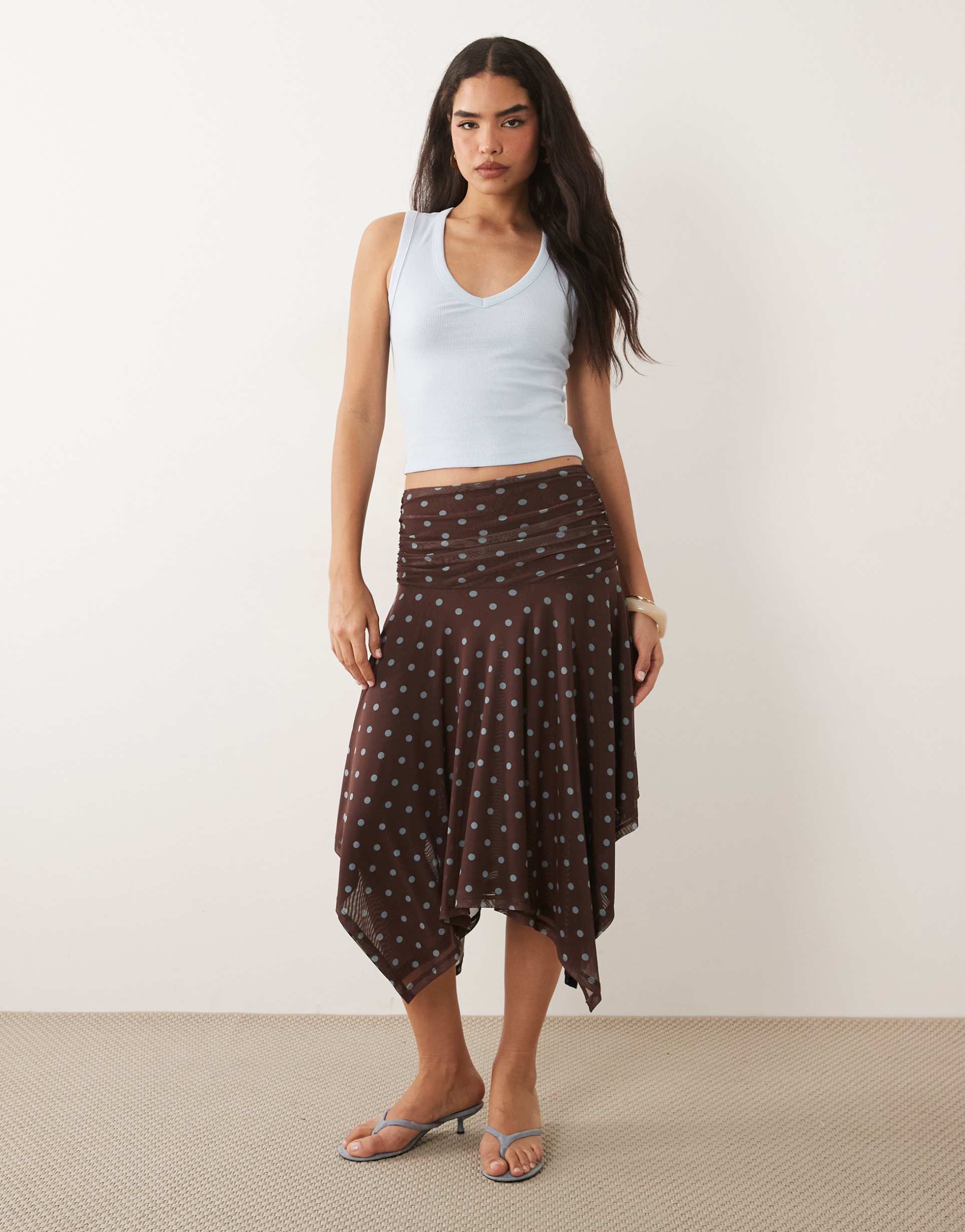 asos design sheer mesh hanky hem skirt in brown polka dot print