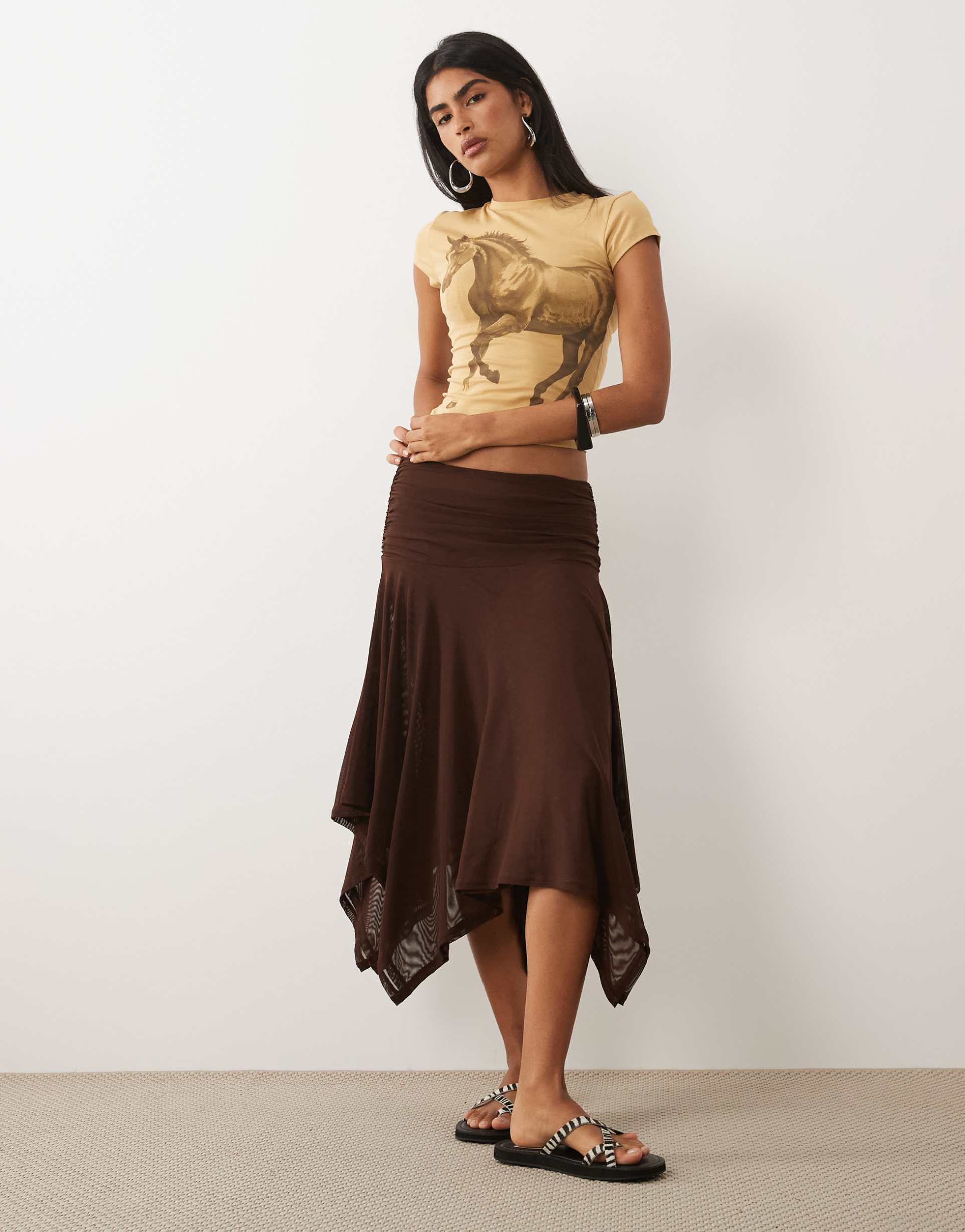 asos design sheer mesh hanky hem skirt in chocolate
