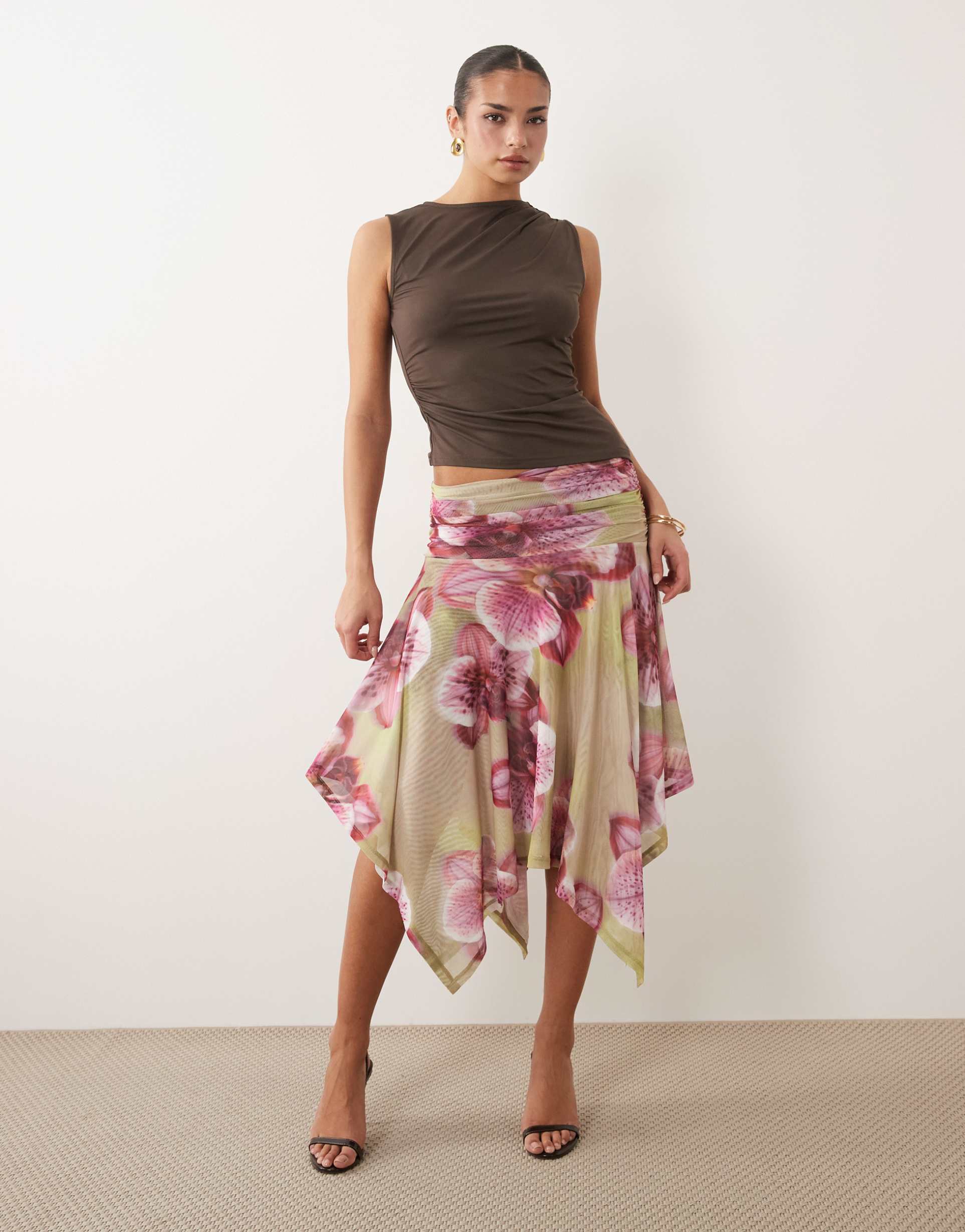 asos design sheer mesh hanky hem skirt in green floral