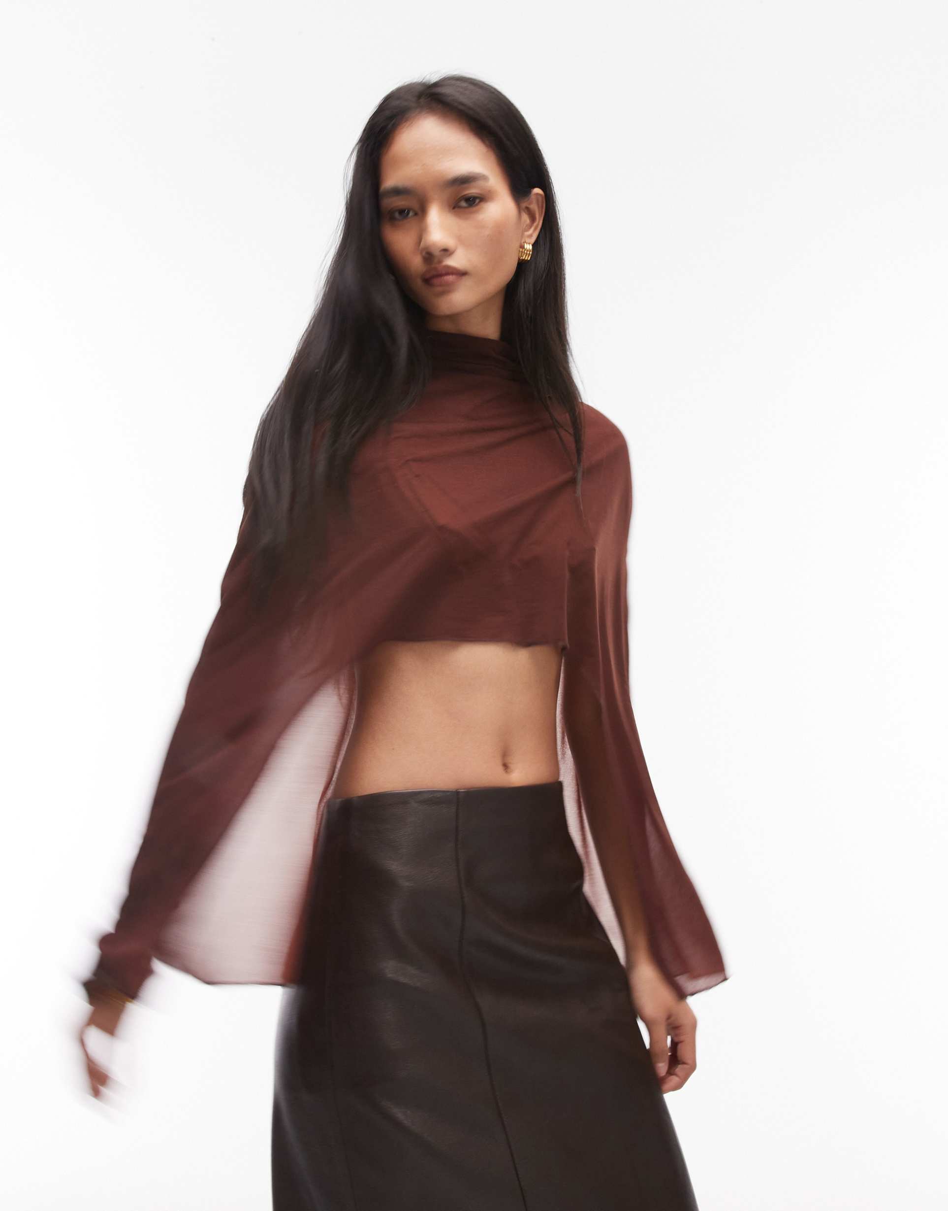 asos design sheer mesh high low cape in brown