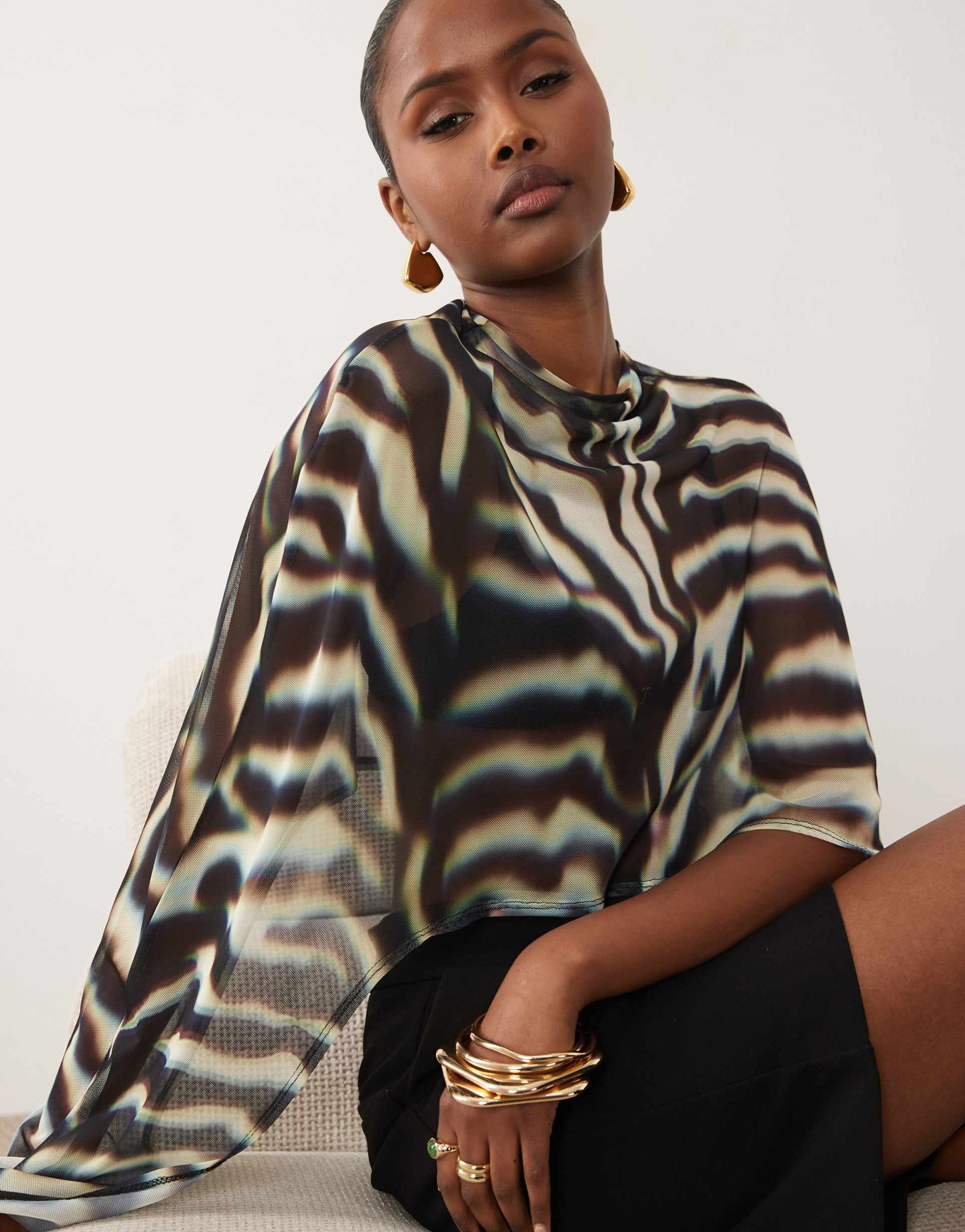 asos design sheer mesh high-low cape top in zebra print