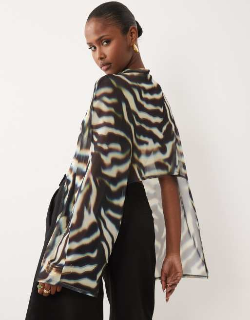 ASOS DESIGN sheer mesh high low cape top in zebra print, 4 of 4