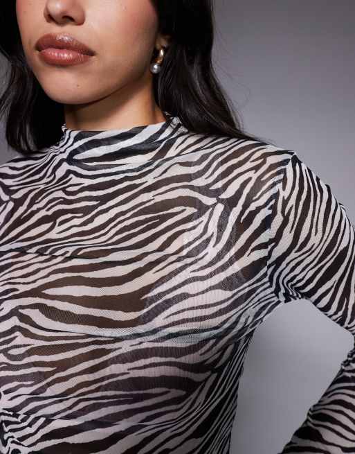 ASOS DESIGN sheer mesh high neck top in zebra print | ASOS