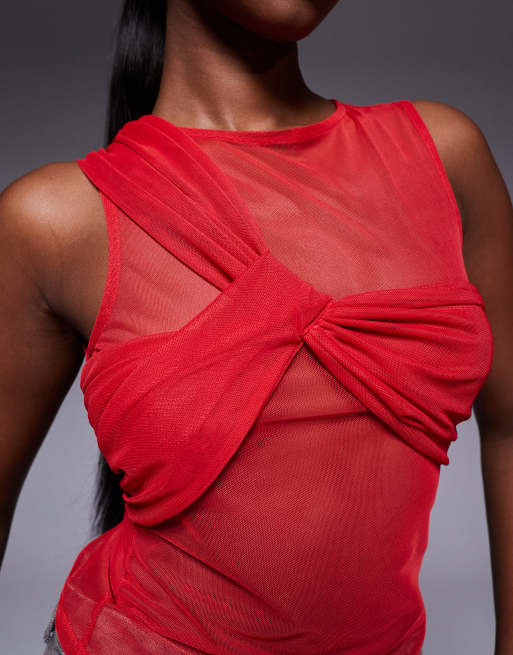 ASOS DESIGN sheer mesh layered twist vest top in red, 3 of 4