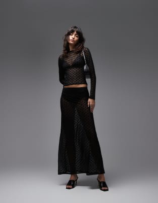 ASOS DESIGN sheer mesh long sleeve top and maxi skirt in black polka ...