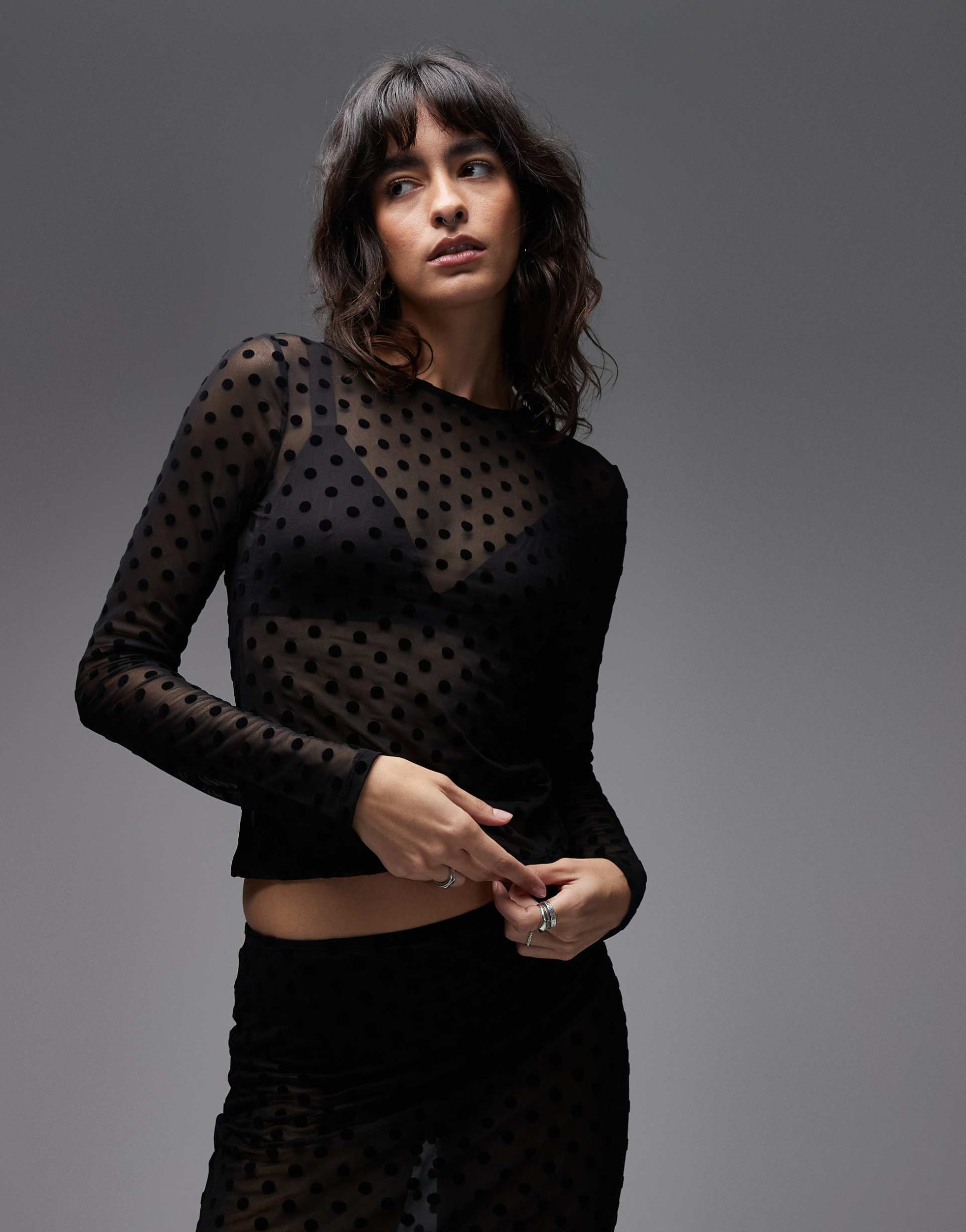 asos design sheer mesh long sleeve top in black polka dot print
