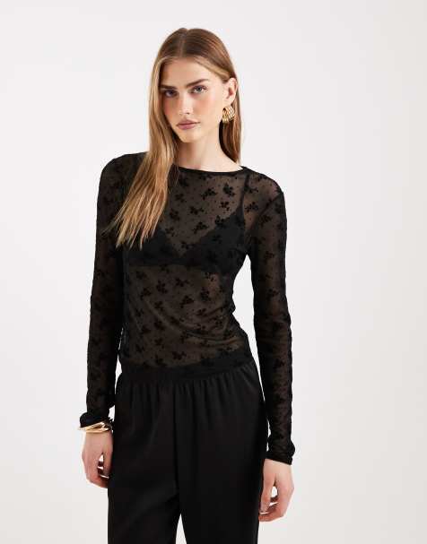 ASOS DESIGN sheer mesh long sleeve top in floral flock