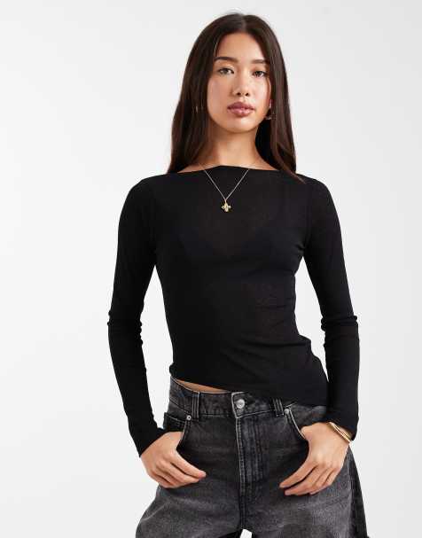 ASOS DESIGN sheer mesh long sleeve top with asymmetric hem in black