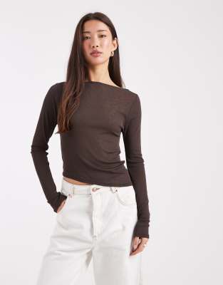 Asos Design Sheer Mesh Long Sleeve Top With Asymmetric Hem In Purple