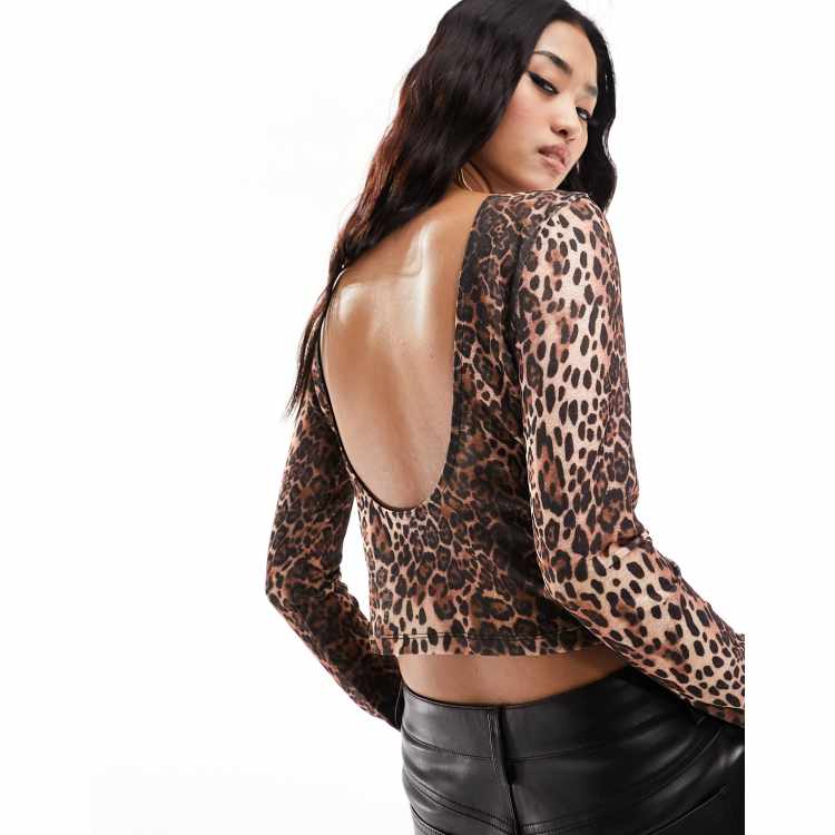 ASOS DESIGN mesh high neck long sleeve top in leopard print