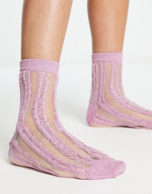 ASOS DESIGN sheer mesh lurex stripe socks in pink glitter