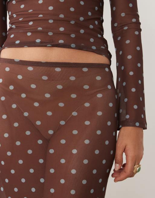 ASOS DESIGN sheer mesh maxi skirt in brown polka dot, 3 of 5