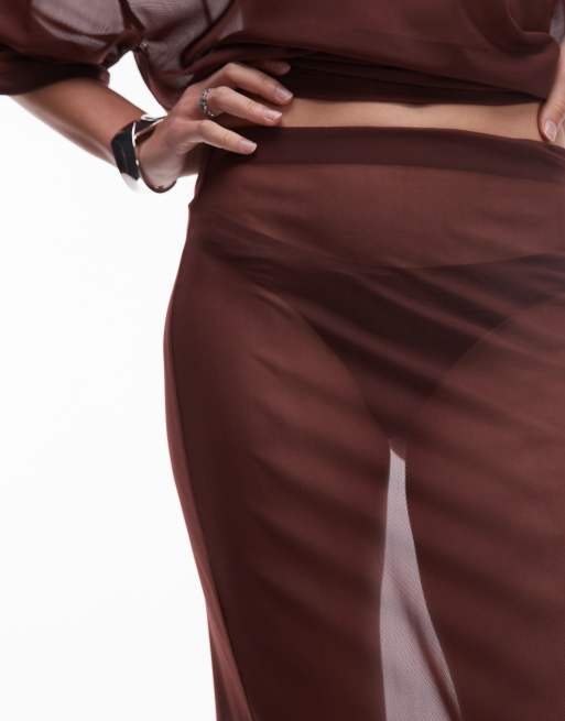 ASOS DESIGN sheer mesh maxi skirt in brown