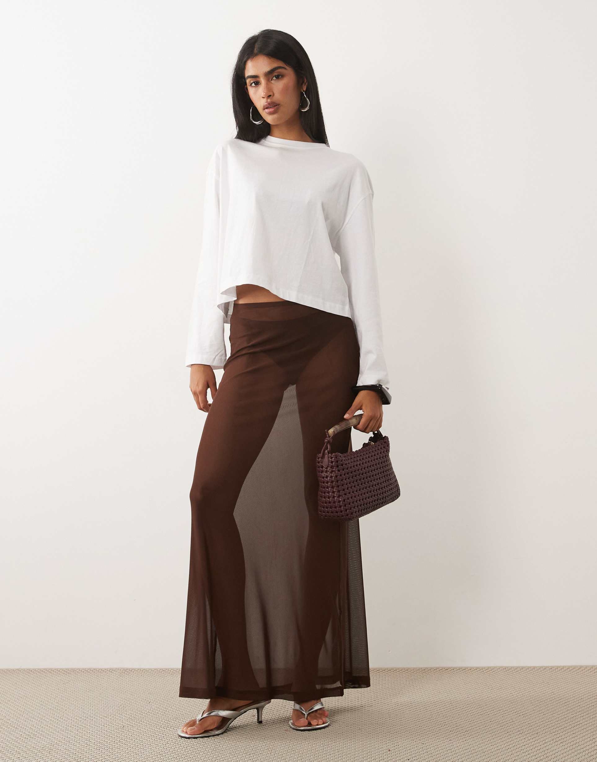 asos design sheer mesh maxi skirt in chocolate