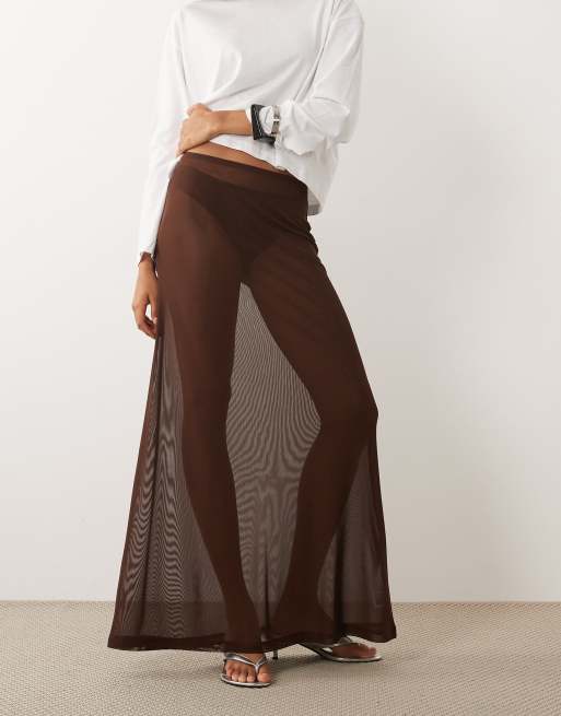 ASOS DESIGN sheer mesh maxi skirt in chocolate, 2 of 5