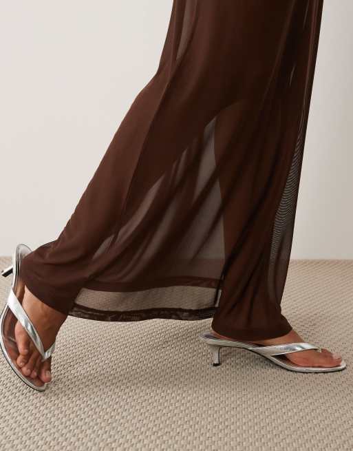 ASOS DESIGN sheer mesh maxi skirt in chocolate, 4 of 5