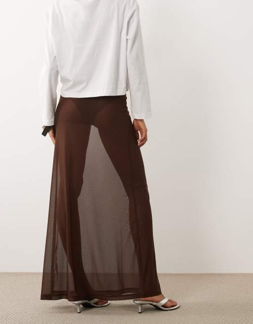 ASOS DESIGN sheer mesh maxi skirt in chocolate, 5 of 5