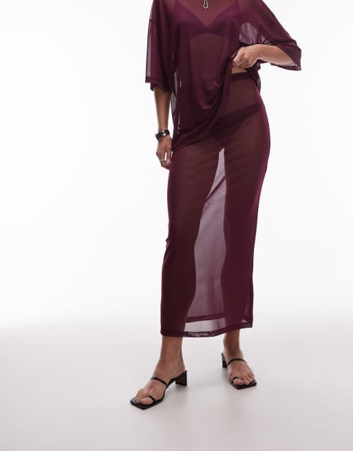 ASOS DESIGN sheer mesh maxi skirt in fig