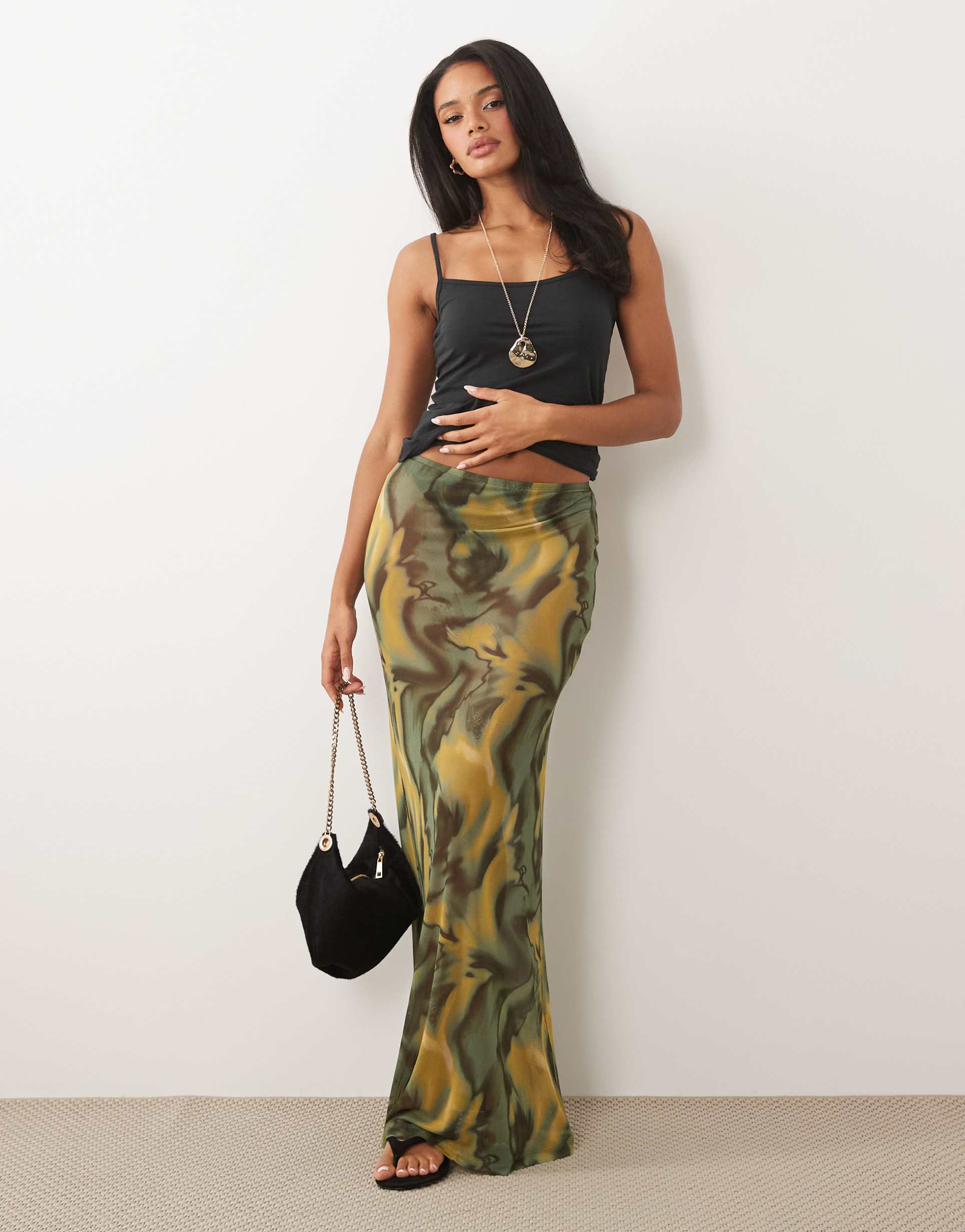 asos design sheer mesh maxi skirt in green abstract