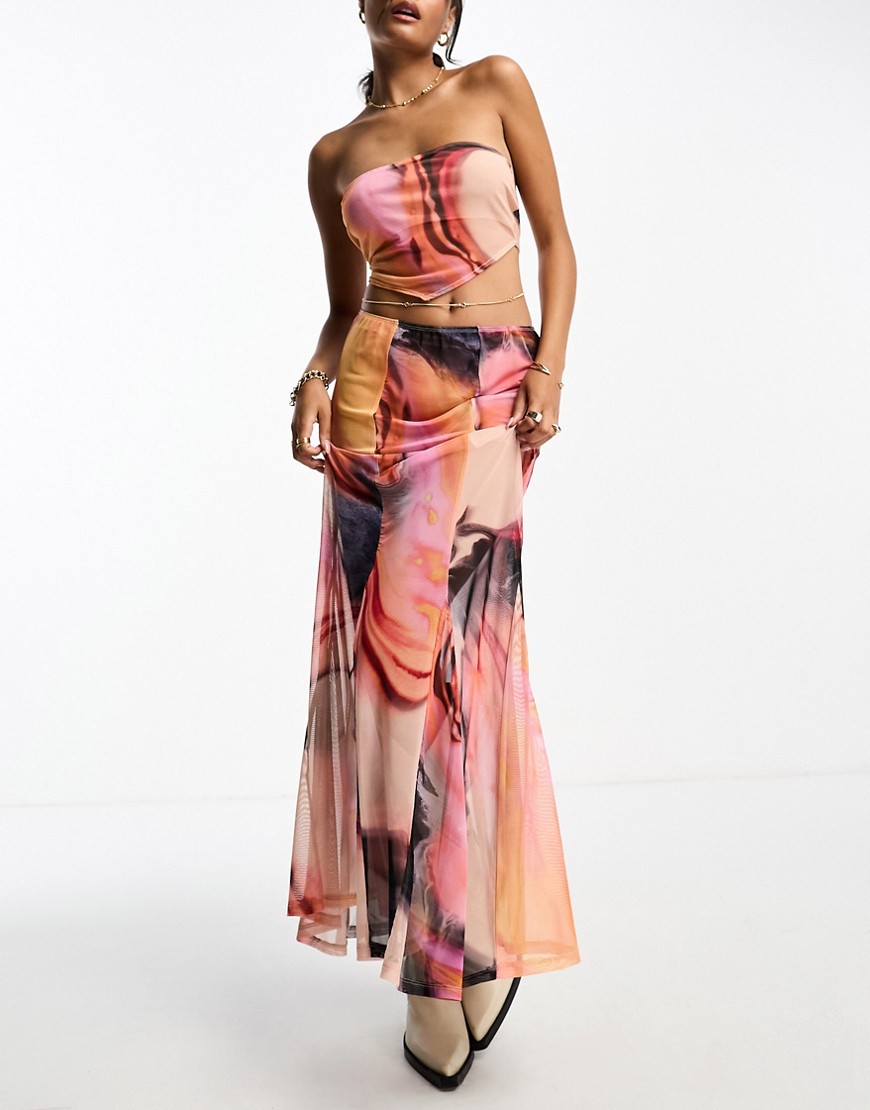 ASOS DESIGN sheer mesh maxi skirt with godets co-ord in blurred tie dye-Multi