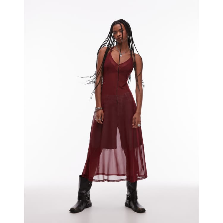 ASOS DESIGN sheer mesh maxi slip dress in burgundy | ASOS
