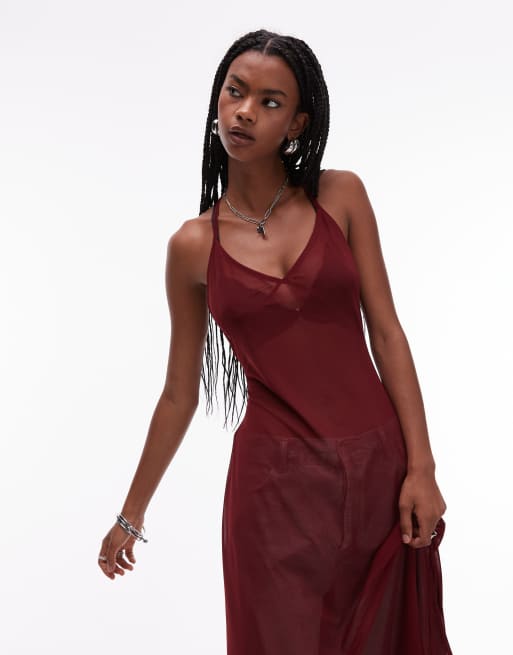 maura mesh dress burgundy The Wine Red V Neck Mesh Wrap Maxi Dress & Reviews - Wine Red - Dresses main image 1