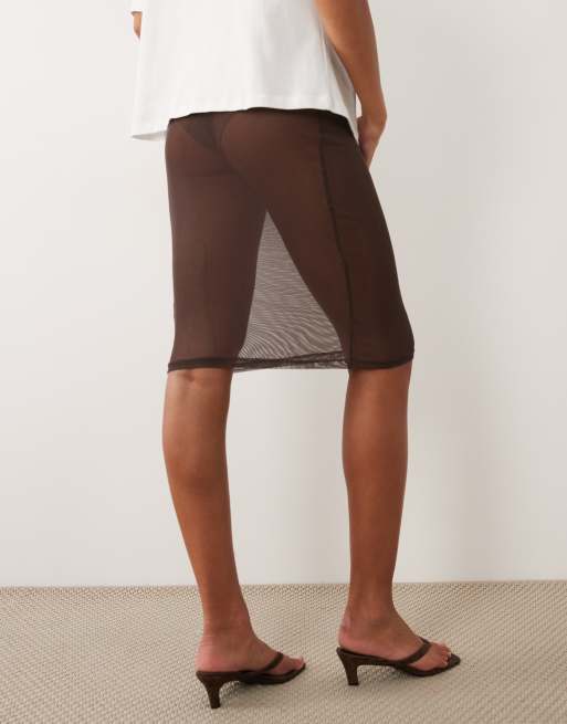 ASOS DESIGN sheer mesh midi skirt in chocolate, 3 of 5