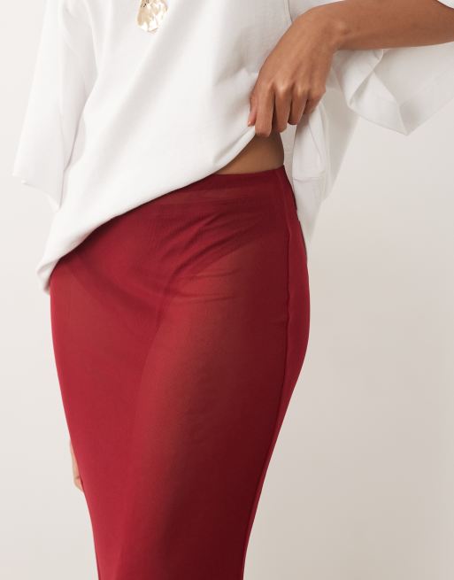 ASOS DESIGN sheer mesh midi skirt in wine, 4 of 5