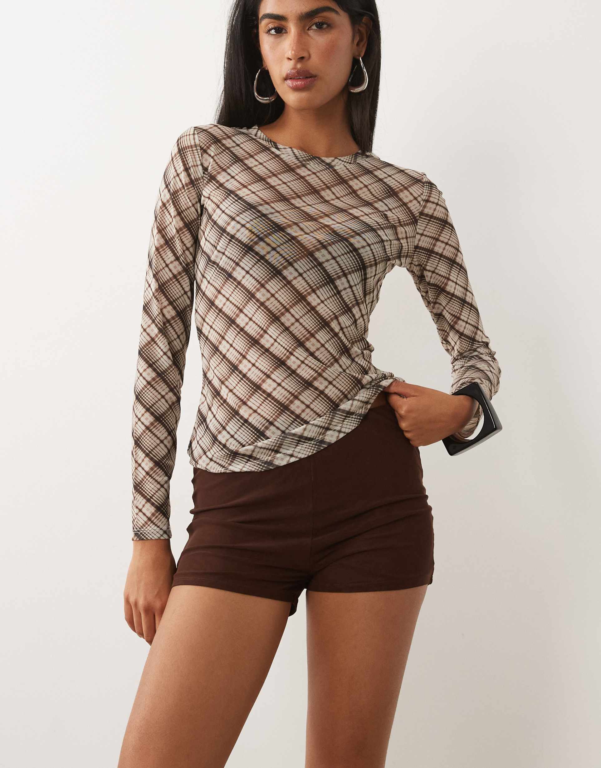 asos design sheer mesh mini shorts in chocolate