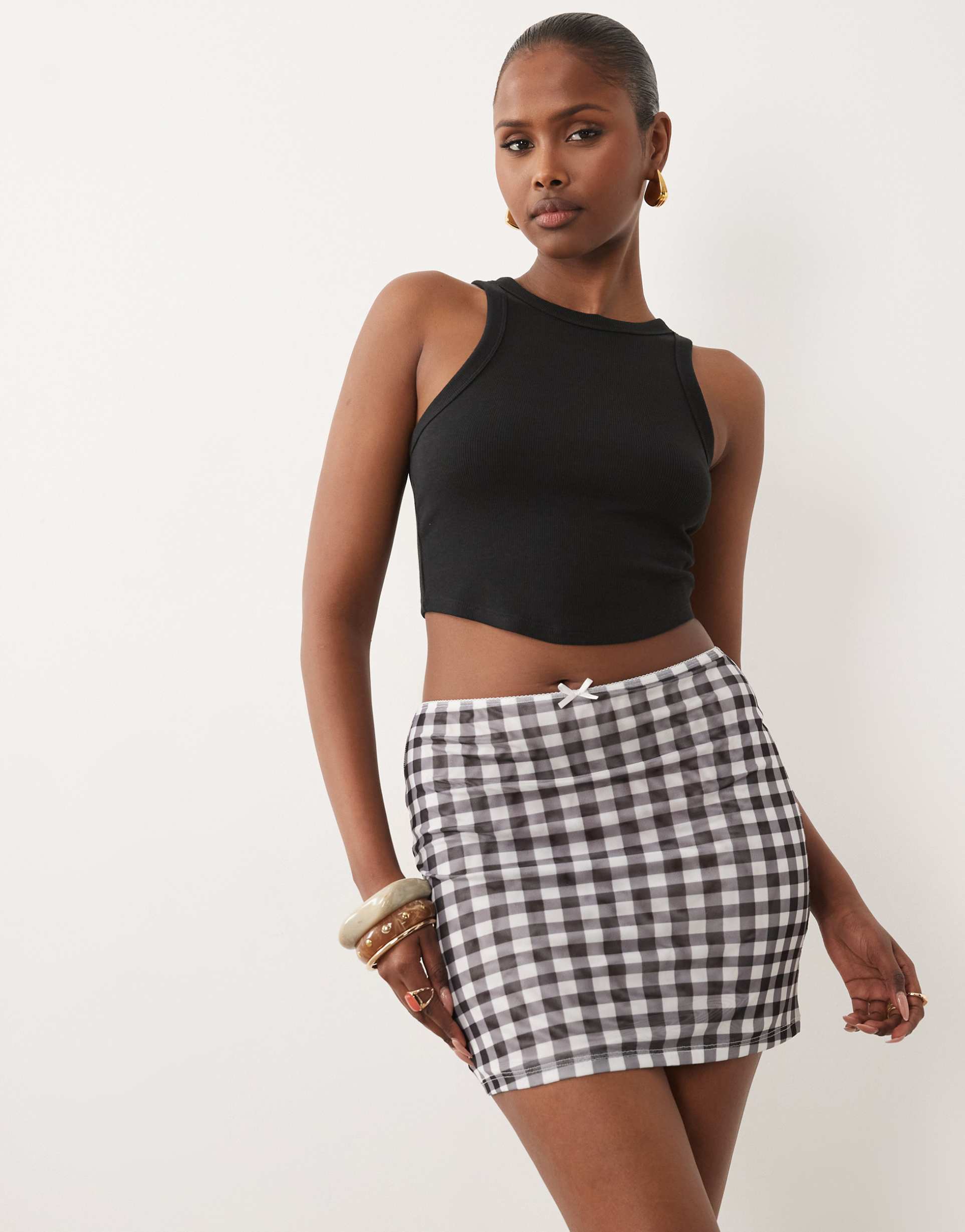 asos design sheer mesh mini skirt in black gingham