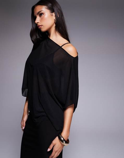 ASOS DESIGN sheer mesh one shoulder asymmetric slouchy cape top in black - view 1
