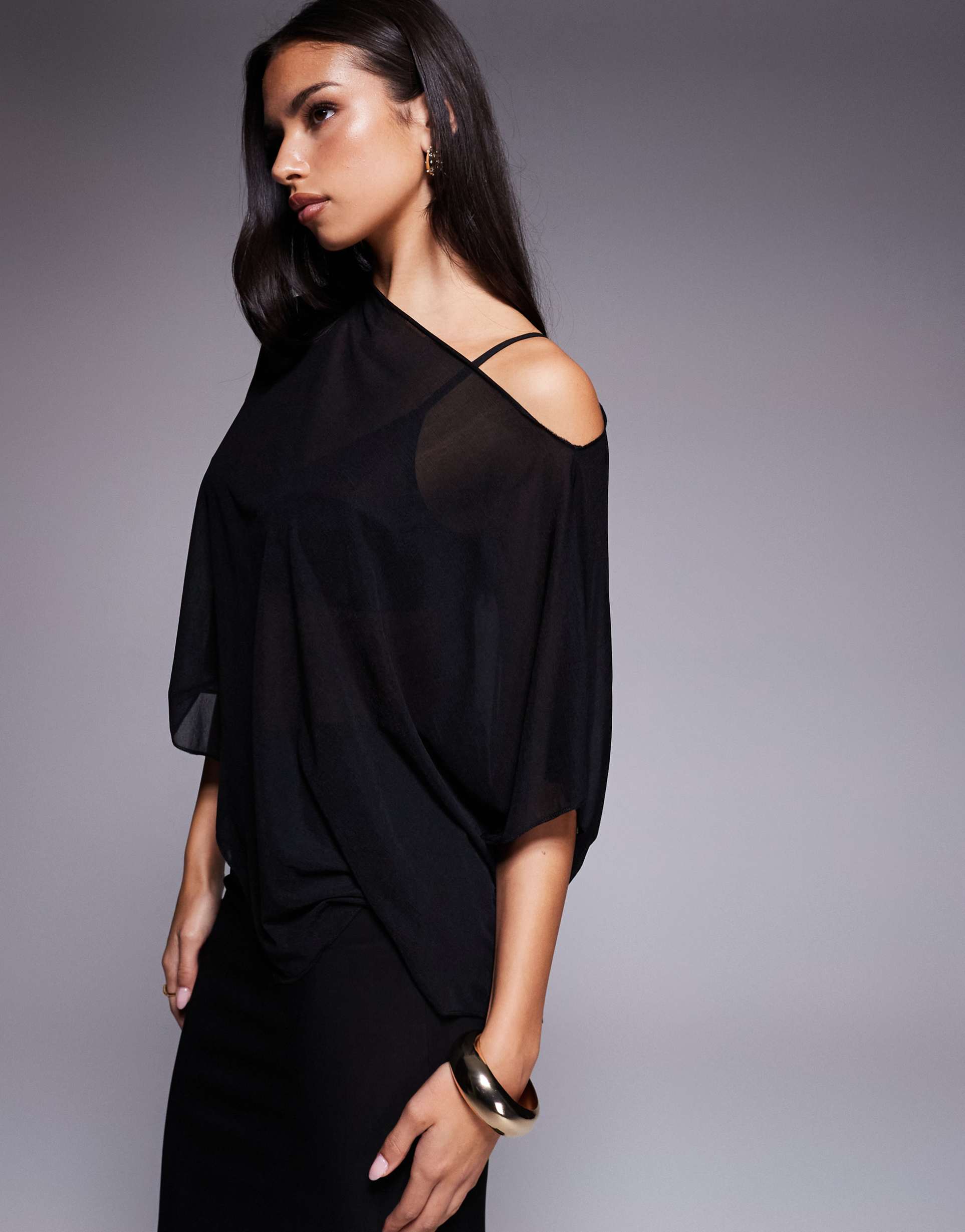 asos design sheer mesh one shoulder asymmetric slouchy cape top in black