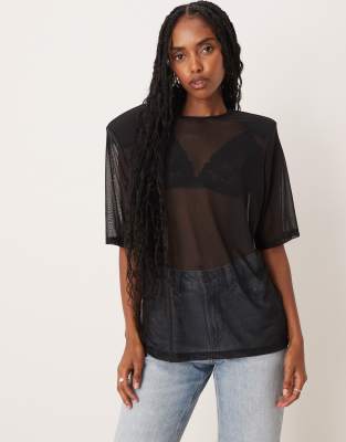 ASOS DESIGN sheer mesh oversized tee with shoulder pads in black