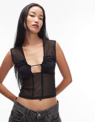 Asos Design Sheer Mesh Panel Detail Plunge Top In Black