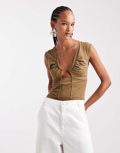ASOS DESIGN sheer mesh panel detail plunge top in khaki green - view 1