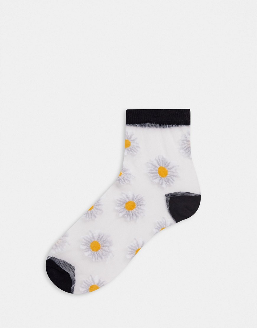 ASOS DESIGN sheer mesh printed daisy ankle sock-White