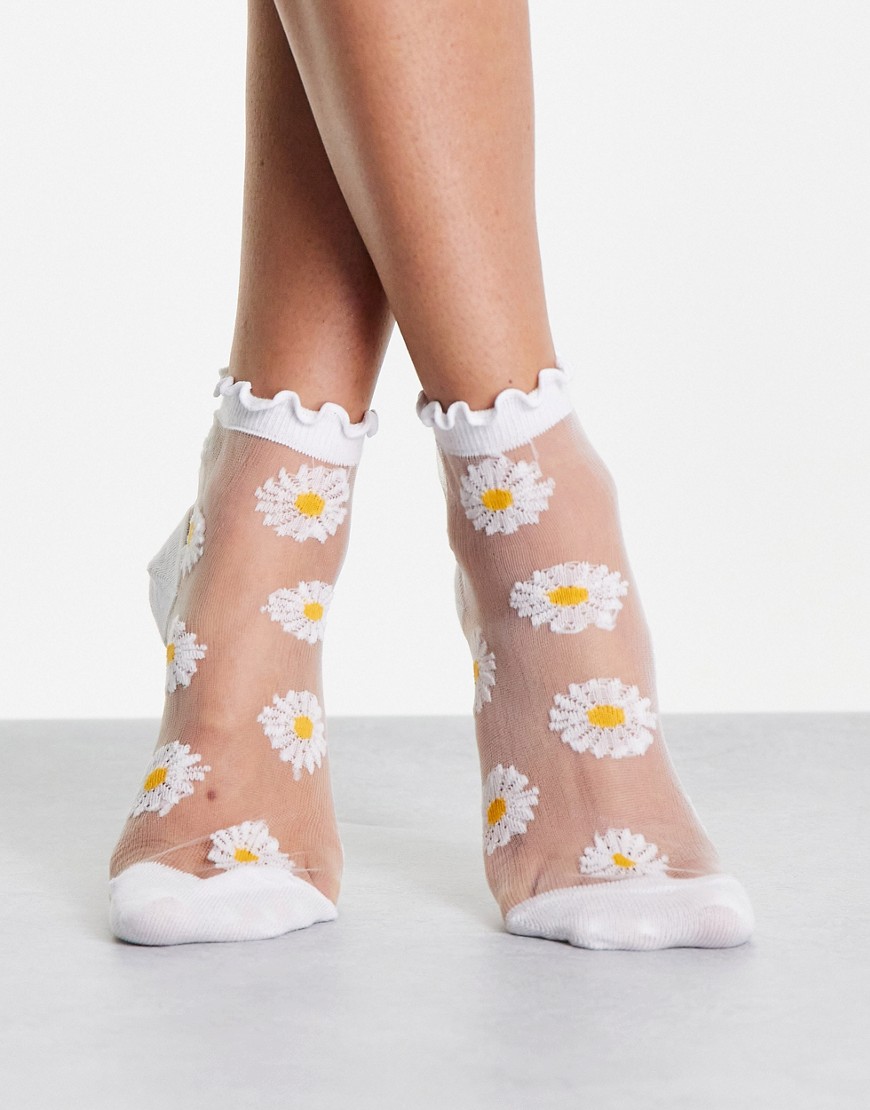 ASOS DESIGN sheer mesh printed daisy ankle socks with frill welt-White