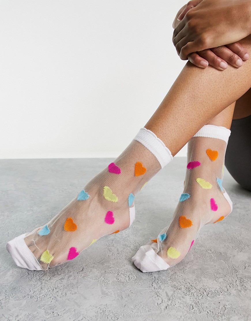 ASOS DESIGN sheer mesh printed hearts ankle socks with frill welt in multi