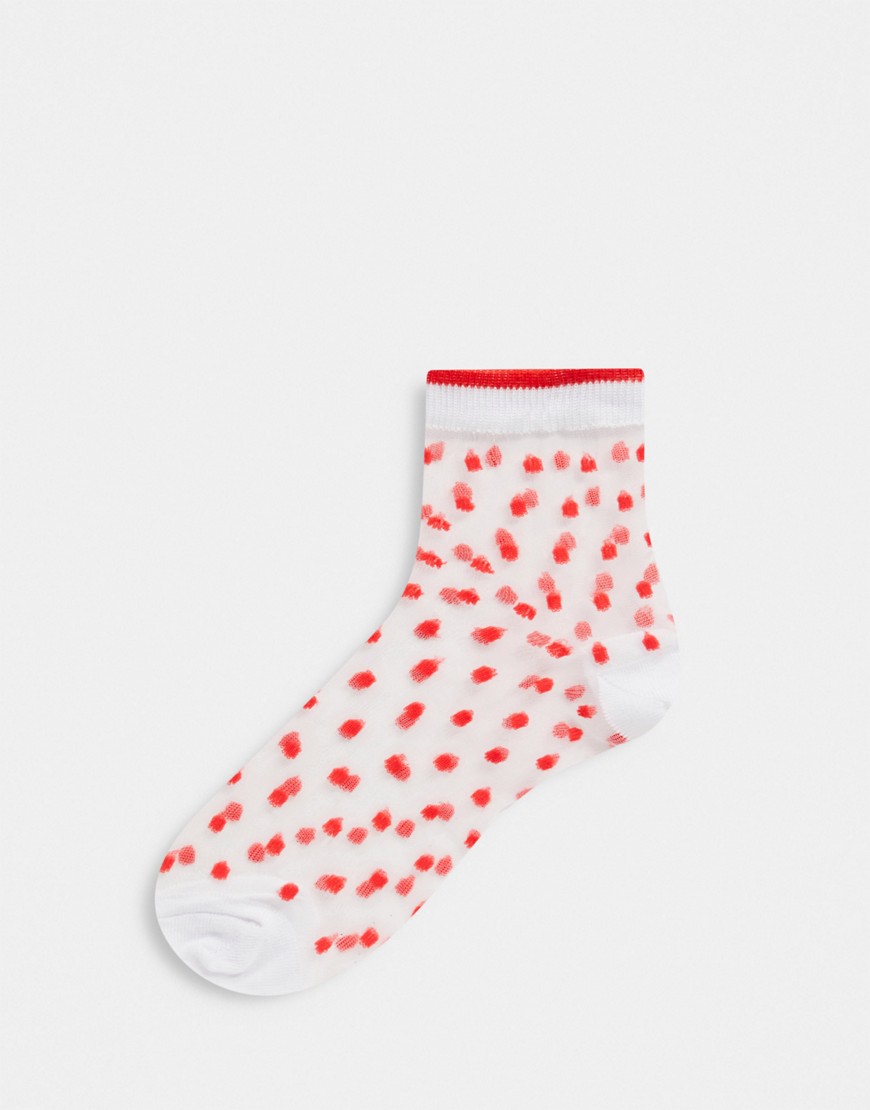 ASOS DESIGN sheer mesh printed red and white spot socks-Multi