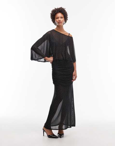 ASOS DESIGN sheer mesh rhinestone cape top and skirt set in black - view 1