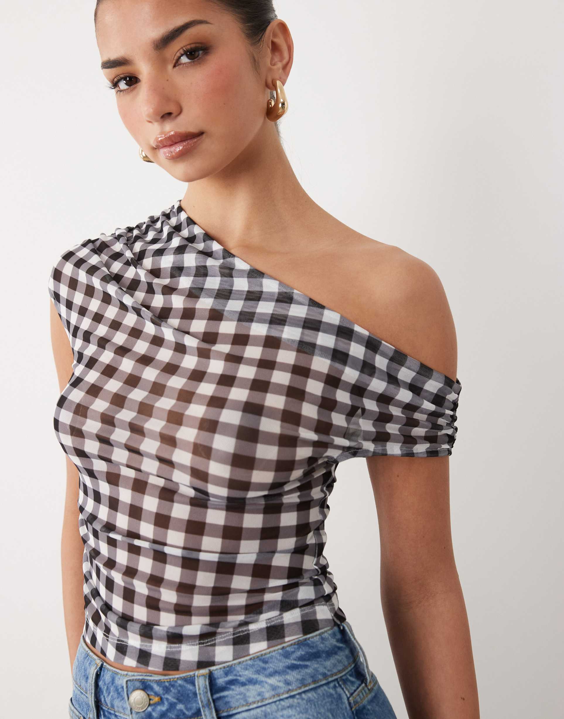 asos design sheer mesh ruched off-shoulder asymmetric top in black gingham
