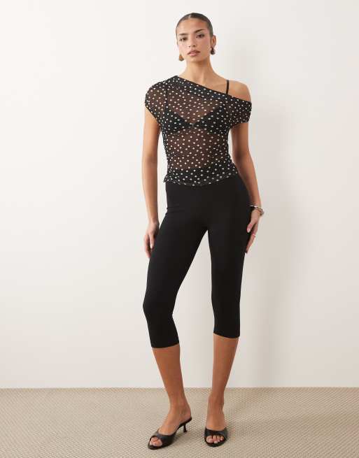 ASOS DESIGN sheer mesh ruched off shoulder asymmetric top in black polka dot, 4 of 4