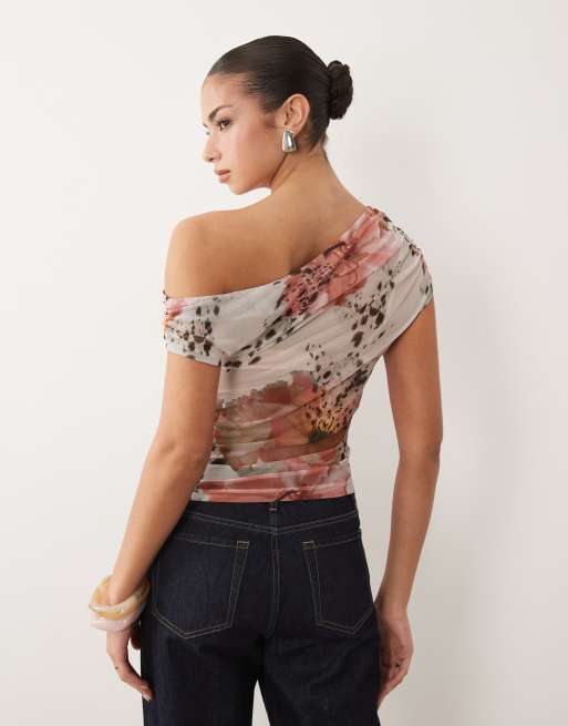 ASOS DESIGN sheer mesh ruched off shoulder asymmetric top in spotted floral, 3 of 4