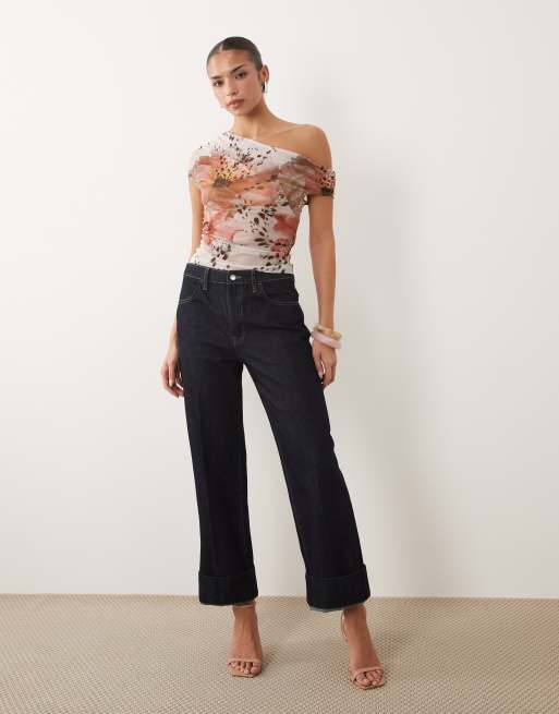 ASOS DESIGN sheer mesh ruched off shoulder asymmetric top in spotted floral, 4 of 4