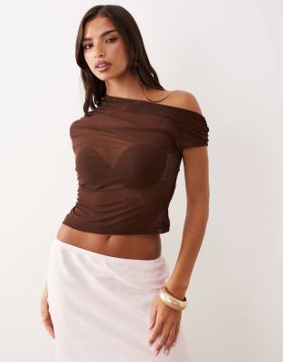 Asos Design Sheer Mesh Ruched One Shoulder Asymmetric Top In Brown