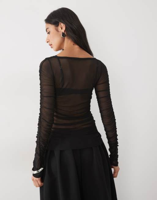 ASOS DESIGN sheer mesh ruched v neck cardigan top in black, 2 of 4