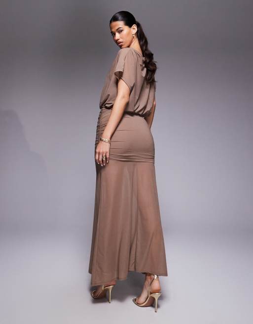 ASOS DESIGN sheer mesh ruched waist maxi skirt in chocolate - part of a set