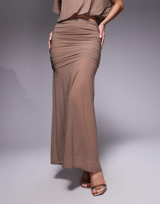 ASOS DESIGN sheer mesh ruched waist maxi skirt in chocolate - part of a set