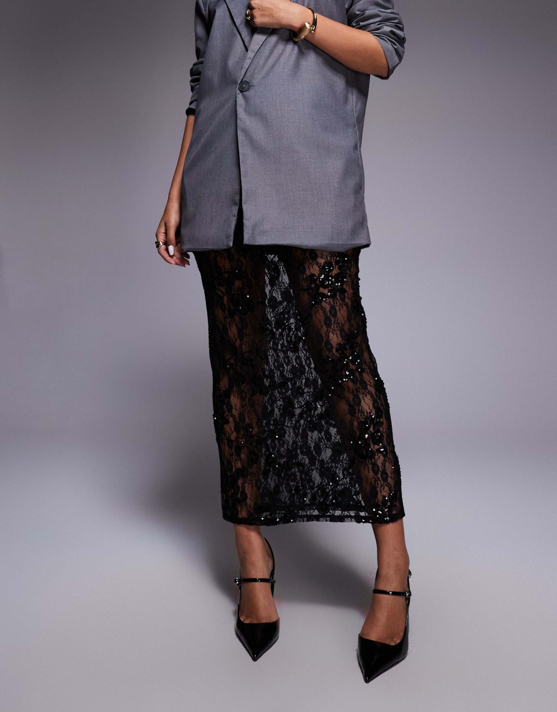 asos design sheer mesh scatter sequin maxi skirt in black